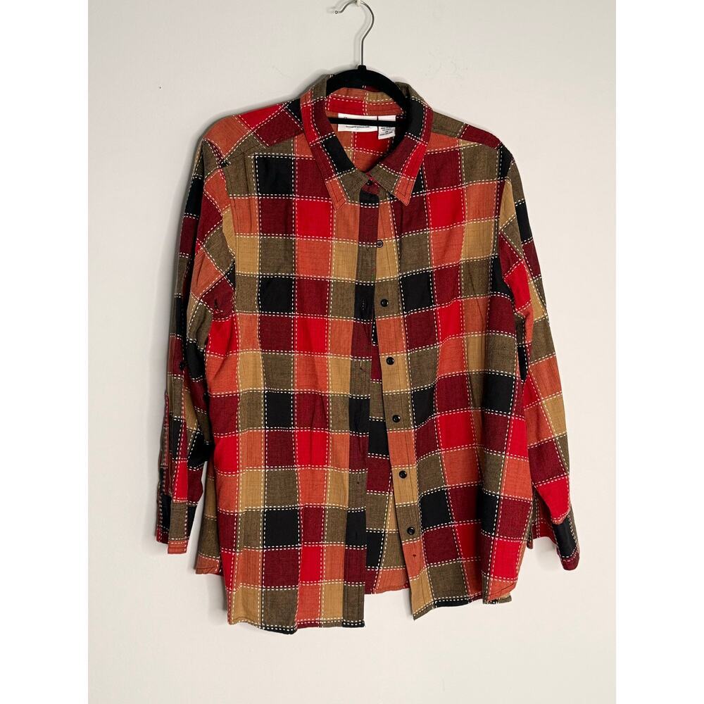 Serengeti Patchwork Red Black Green Plaid Cotton Button-Down Short Plus 1X
